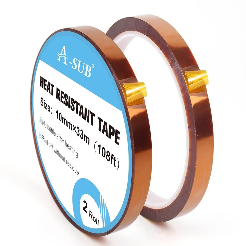 A-SUB Heat Resistant Tape 2 Rolls 10mmX33m (108FT) for Sublimation Heat Press, No Residue Heat Transfer High Temperature Tape - Image 1