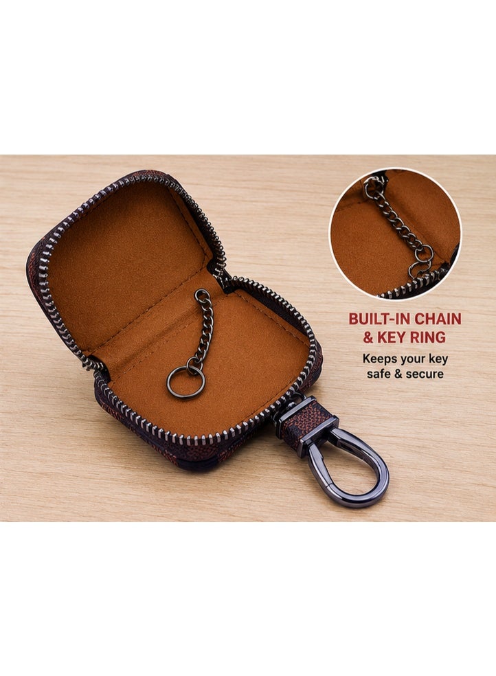 Premium PU Leather Car Key Case with Zipper – Smart Car Key Holder with Metal Hook & Built-in Key Chain – Checkered Protective Key Fob Organizer Cover - Image 2