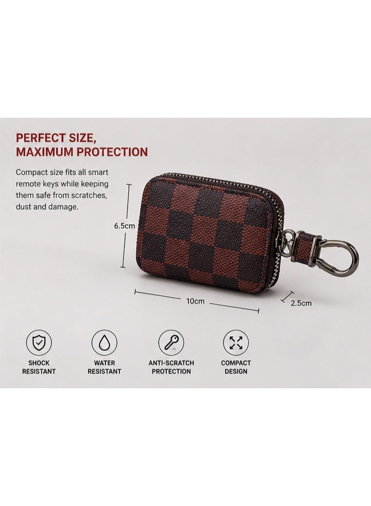 Premium PU Leather Car Key Case with Zipper – Smart Car Key Holder with Metal Hook & Built-in Key Chain – Checkered Protective Key Fob Organizer Cover - Image 4