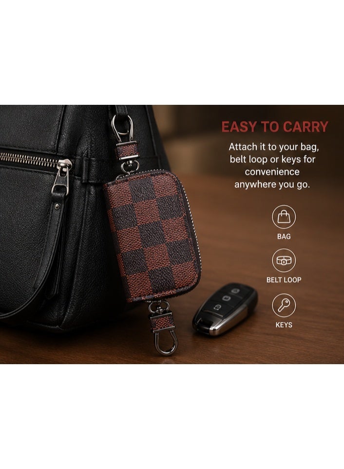 Premium PU Leather Car Key Case with Zipper – Smart Car Key Holder with Metal Hook & Built-in Key Chain – Checkered Protective Key Fob Organizer Cover - Image 3