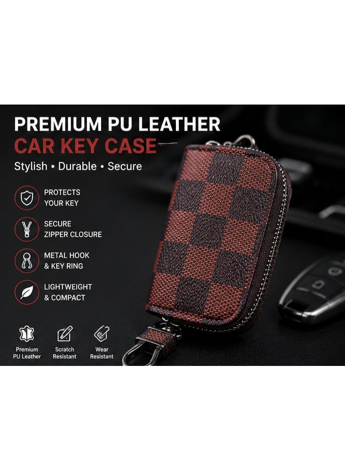 Premium PU Leather Car Key Case with Zipper – Smart Car Key Holder with Metal Hook & Built-in Key Chain – Checkered Protective Key Fob Organizer Cover - Image 1
