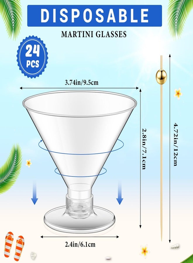 Baderke مجموعة بادركي من 24 كوب مارتيني بلاستيكي مع أعواد كوكتيل ذهبية لؤلؤية، أكواب كوكتيل صغيرة شفافة للاستخدام مرة واحدة، أكواب حلوى لحفلات الزفاف، النبيذ والمقبلات (بدون ساق 5 أونصة، قاعدة شفافة) - Image 2