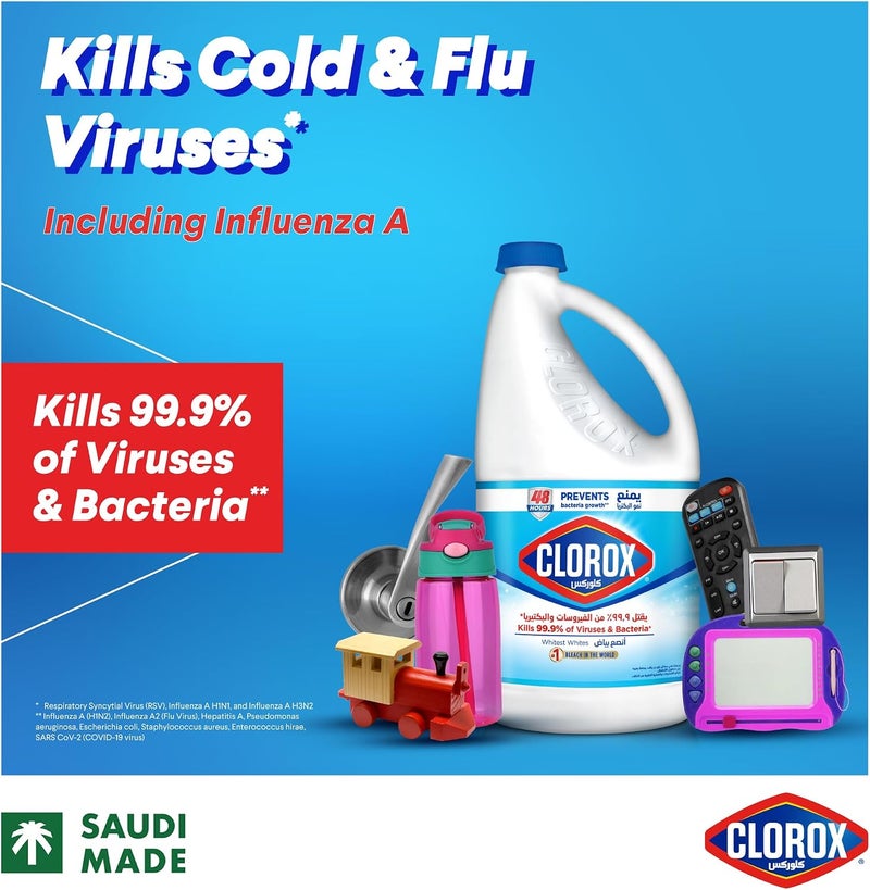 Clorox Liquid Bleach 1.89L, Kills 99.9% of Viruses and Bacteria, 48 Hours Prevents Bacteria Growth, Removes Stains - Image 2