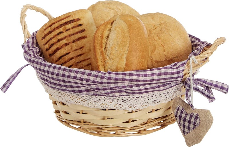 Premier Housewares Round Picnic Blanket Basket Hamper Handles Picnic Basket Washable Gingham Lining Purple Hamper Baskets for Gifts Bread Basket - Image 5