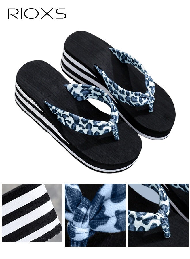 RIOXS Women's Flip Flops, Comfortable Casual Slide Sandals, Beach Thong Slippers for Women, 6.5cm High Platform Flip Flop, Ladies Fashion Wedge Slipper, Non-Slip Sandals Lightweight Slip-ons for Indoor Outdoor, Black White Leopard Flip-Flops - Image 4
