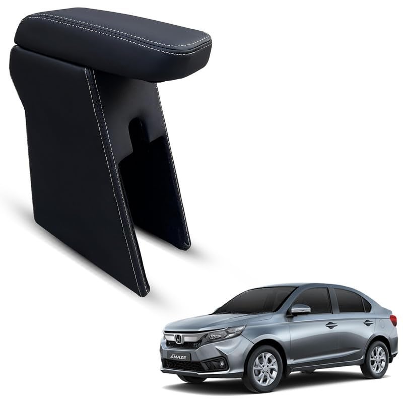 Carigiri Premium Finish Car Armrest with Storage Box And High Density Moulded Foam For Honda Amaze (Models-2018-2024) (Black With White Double Stitching,Nappa Leatherette) - Image 1