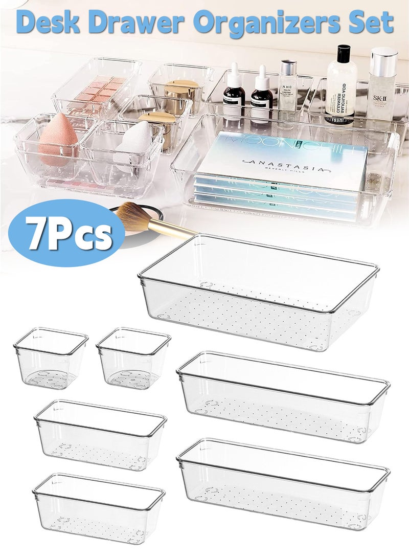 مجموعة من 7 قطع مكتب درج تخزين مجموعة ، 4 حجم درج من البلاستيك تخزين مربع ، ومناسبة للمطبخ ، حمام ، غرفة نوم ، مكتب ، وير ، مستحضرات التجميل ، والمجوهرات ، والأدوات الصغيرة - Image 1