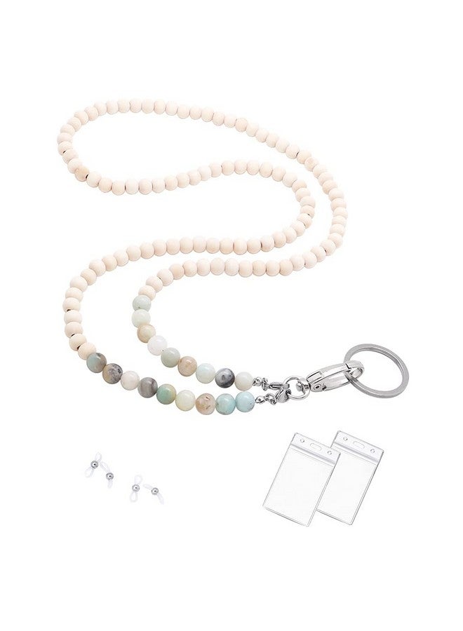 سي&إل أكسيسوريز أحزمة لبطاقات الهوية، حزام خشبي من الخرز الطبيعي لحامل النظارات، حزام لسلاسل النظارات للنساء (حجر الأمازونيت) - Image 1