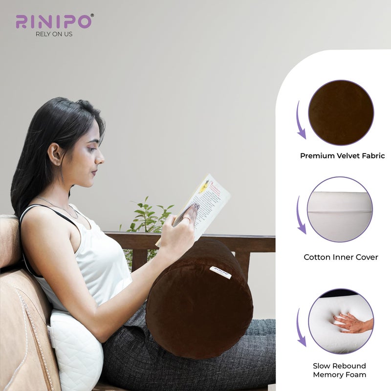 RINIPO RINIPO Memory Foam Orthopedic Cylindrical Bolster Cushion for Neck Pain Relief and Rest I Removable Washable Velvet Cover (1, Brown, 22" x 8" x 8") - Image 3