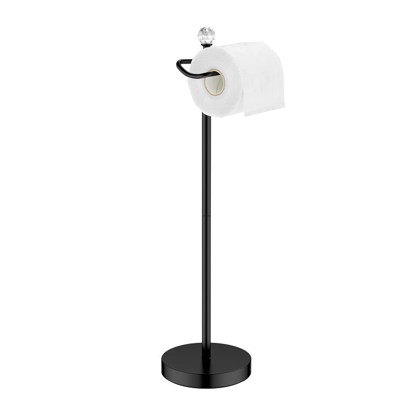 Rolabam Paper Holder Stand For Floor-Free Standing Toilet Paper Holder Stand For Bathroom Total Height 24.4"" With Crystal Ball  Matte Black Finished - Image 1