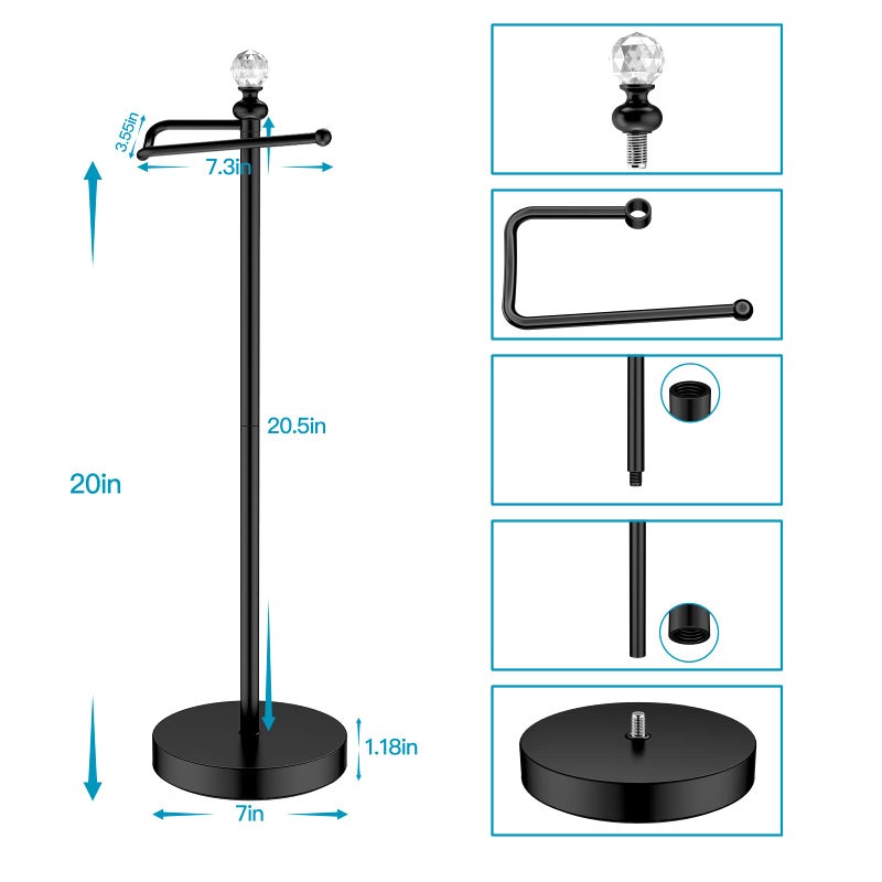 Rolabam Paper Holder Stand For Floor-Free Standing Toilet Paper Holder Stand For Bathroom Total Height 24.4"" With Crystal Ball  Matte Black Finished - Image 5