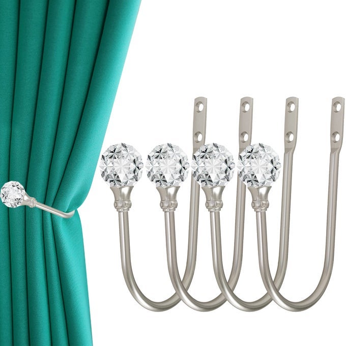 Curtain Holdback 4Pcs Wall Mounted Drapery Tiebacks with Clear Crystal Ball Heavy Duty Metal Decorative Window Drapery Curtain Holder Curtain Hooks with Screws Sliver