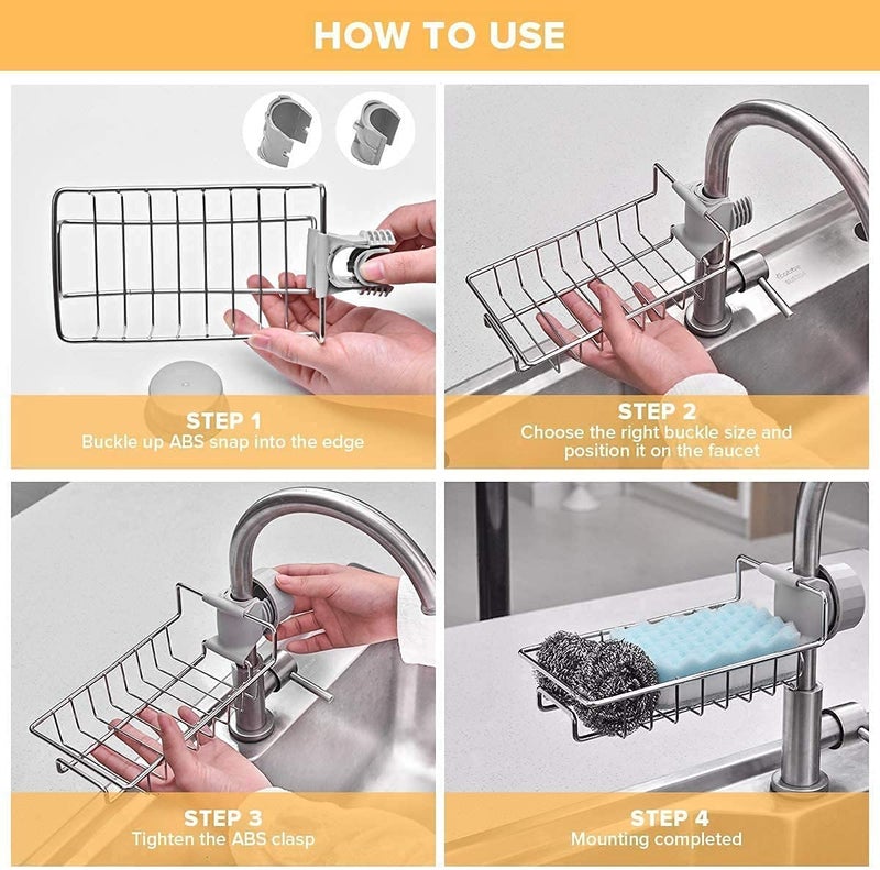 BESTOTTAM BESTOTTAM Stainless Steel Sink Caddy OrganizerTap Organiser Clip Storage Rack Practical Home Kitchen Faucet Shelf Snapon Faucet Rack Drain Rack with Towel Holder for Soap Sponges Set of 1 - Image 3