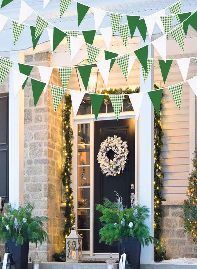 pinkblume 32Ft Green Party Decorations Green Buffalo Plaid Checkered White Triangle Flag Gingham Pennant Bunting Fabric Garland for Wedding Birthday Picnic BBQ Outdoor Golf Party Dinosaur Arbor Day Decorations - Image 3