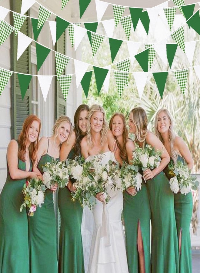 pinkblume 32Ft Green Party Decorations Green Buffalo Plaid Checkered White Triangle Flag Gingham Pennant Bunting Fabric Garland for Wedding Birthday Picnic BBQ Outdoor Golf Party Dinosaur Arbor Day Decorations - Image 4
