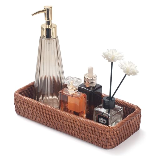 DECRAFTS Rattan Bathroom Vanity Trays Toilet Tank Baskets Long Narrow Hand Towel Storage Basket for Storage, Decorative (Honey Brown 10.2 x 4.9 x 1.6 inch) - Image 1