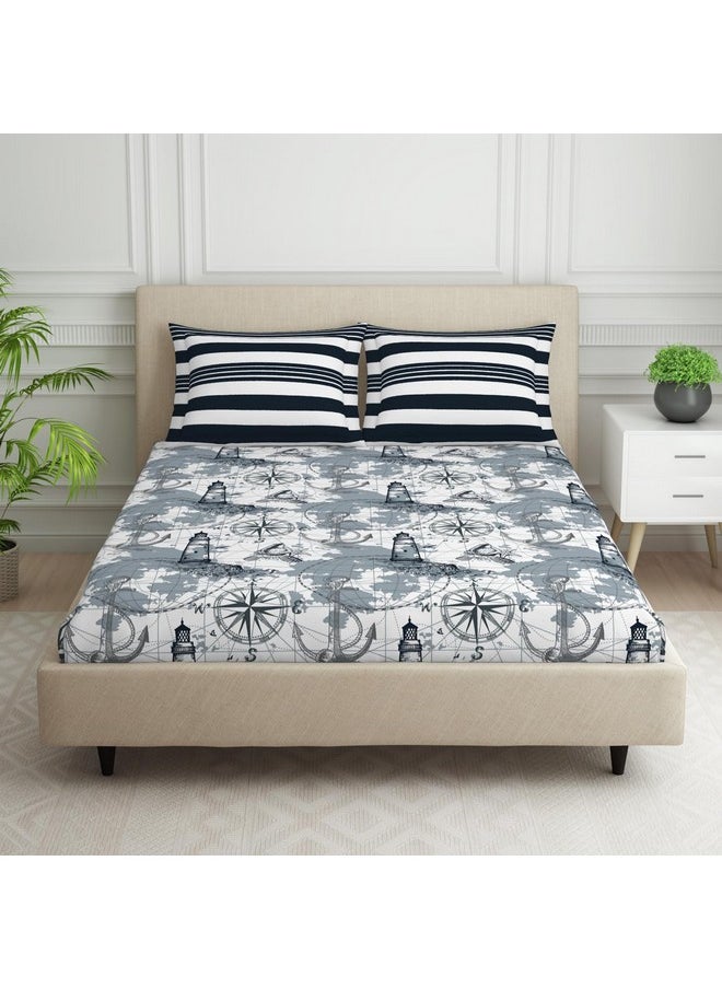 SPACES SPACES 100% Cotton Double Bedsheet with 2 Pillow Covers (Size 88 x 100 inch) | 144 TC Bed Sheet for Double Bed | Breathable Pure Cotton Queen Size Bedsheet | NAUTIQUE | Geometric Grey  - Image 1