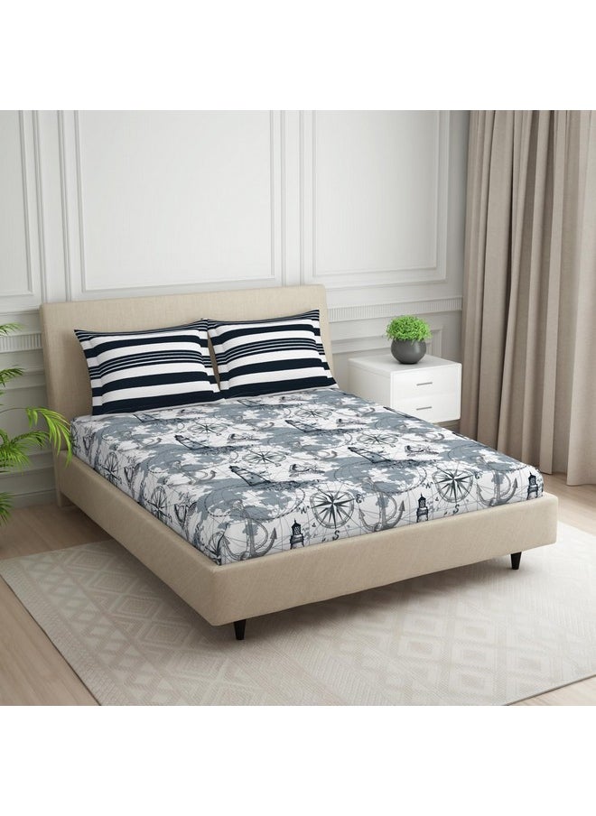 SPACES SPACES 100% Cotton Double Bedsheet with 2 Pillow Covers (Size 88 x 100 inch) | 144 TC Bed Sheet for Double Bed | Breathable Pure Cotton Queen Size Bedsheet | NAUTIQUE | Geometric Grey  - Image 2