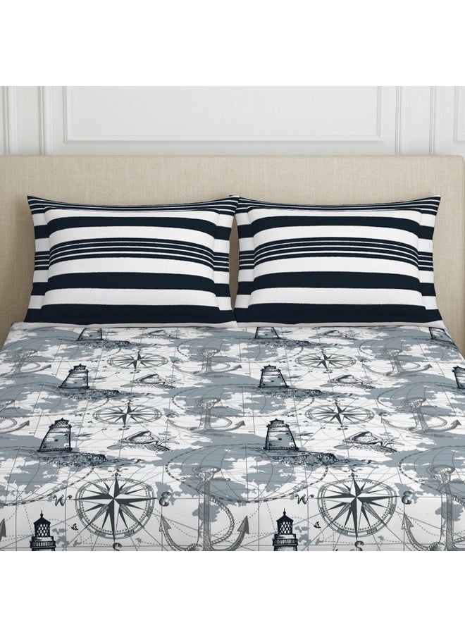 SPACES SPACES 100% Cotton Double Bedsheet with 2 Pillow Covers (Size 88 x 100 inch) | 144 TC Bed Sheet for Double Bed | Breathable Pure Cotton Queen Size Bedsheet | NAUTIQUE | Geometric Grey  - Image 4