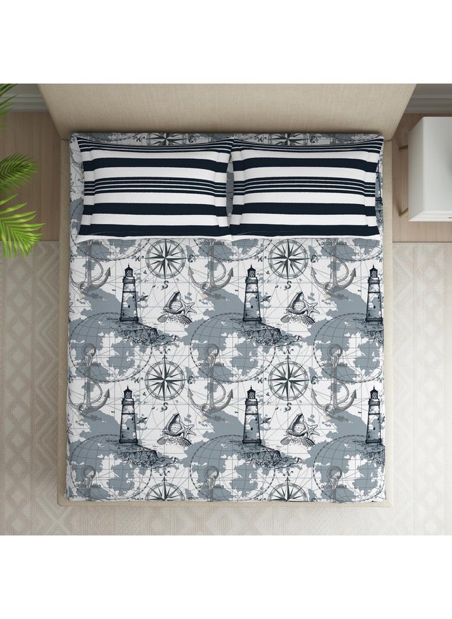 SPACES SPACES 100% Cotton Double Bedsheet with 2 Pillow Covers (Size 88 x 100 inch) | 144 TC Bed Sheet for Double Bed | Breathable Pure Cotton Queen Size Bedsheet | NAUTIQUE | Geometric Grey  - Image 3
