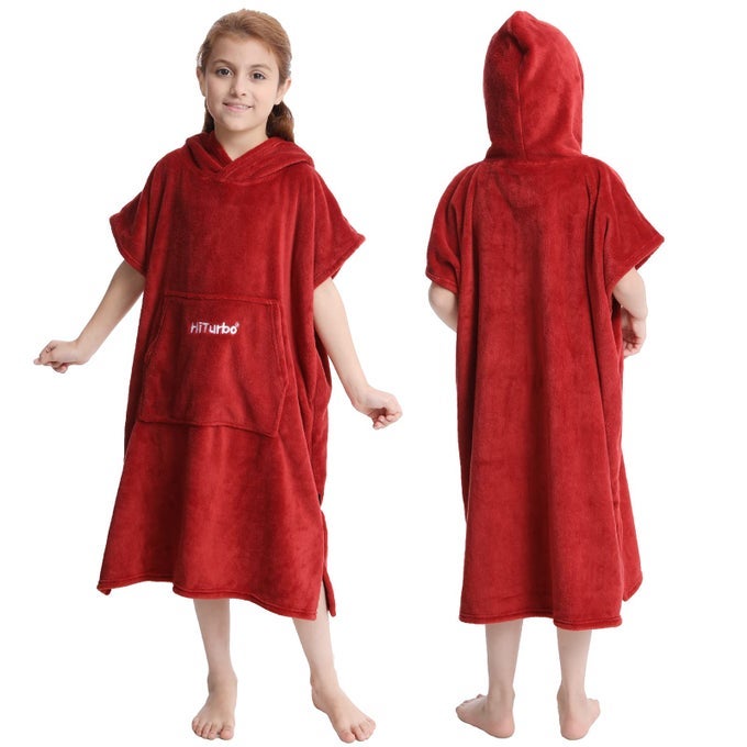 KIDS TOWEL CHANGING ROBE SOFT PLUSH BATH TOWELS WARM CORAL FLEECE HOODIE SWIM SURF PONCHO FOR 512 YEARS RED