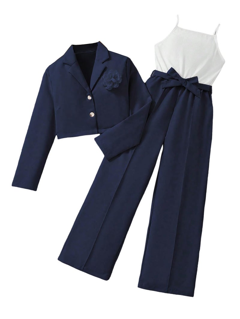 OYOANGLE Girl's 2 Piece Outfit Sleeveless Belted Pants Romper and 3D Floral Crop Suit Jacket Blue and White 15Y - Image 1
