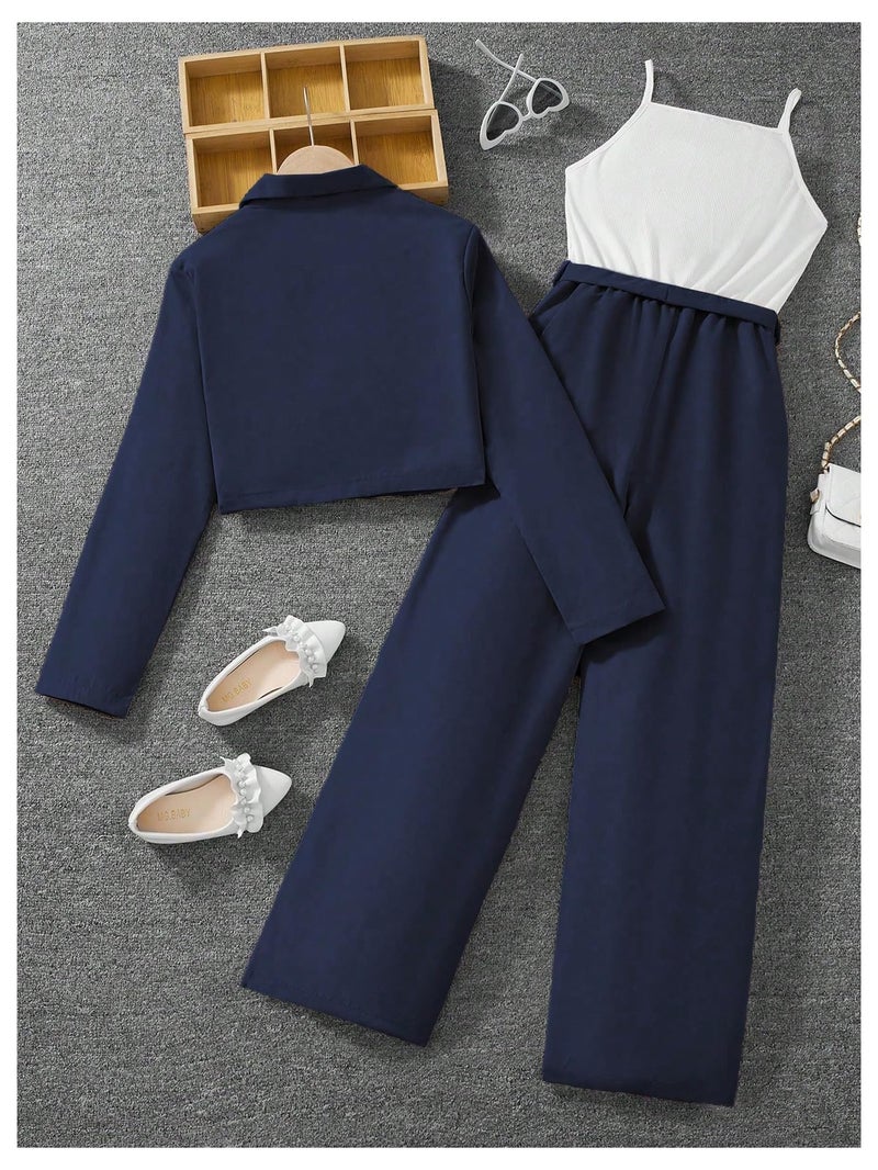 OYOANGLE Girl's 2 Piece Outfit Sleeveless Belted Pants Romper and 3D Floral Crop Suit Jacket Blue and White 15Y - Image 2
