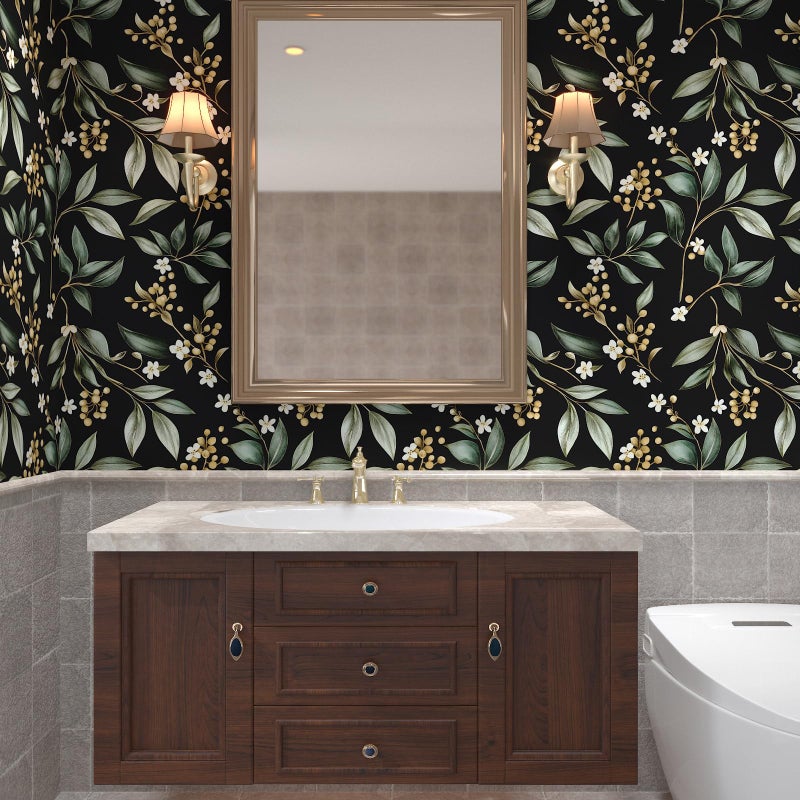 VOLEAAR Extra Long Dark Peel and Stick Wallpaper 17.5" x 393" â€“ Vintage Floral Green Leaf Botanical Self-Adhesive Vinyl Contact Paper for Bathroom Bedroom Kitchen Cabinet Drawer Walls PVC DIY Decor - Image 5