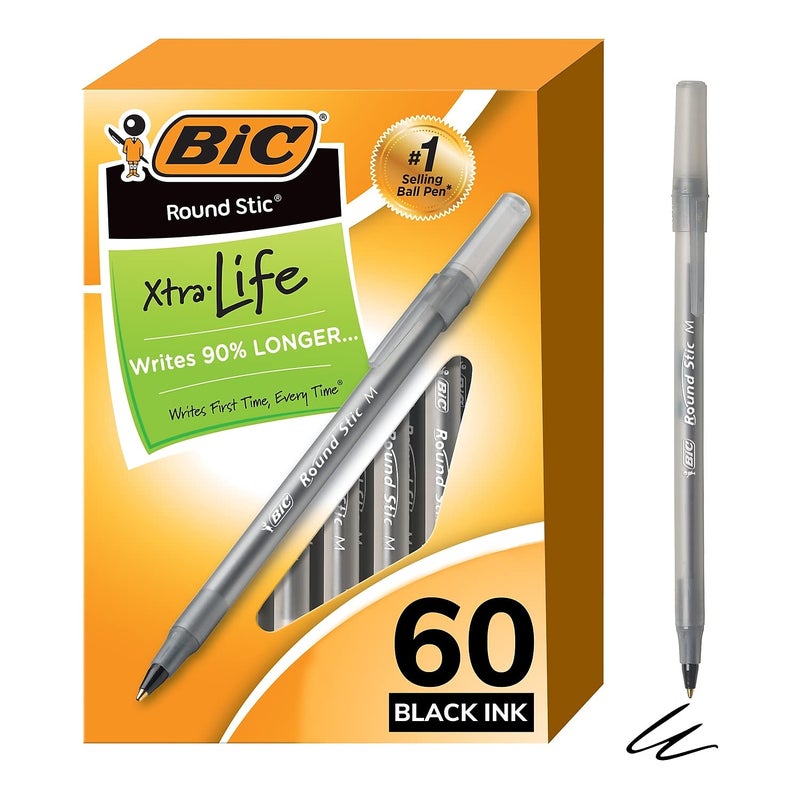 BIC Round Stic Xtra Life Ballpoint Pen, Medium Point (1.0mm), Black, 60-Count - Image 1