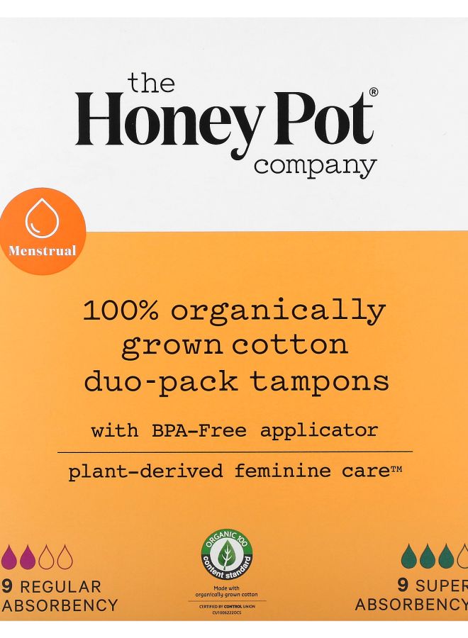 the Honey Pot company 100% Organically Grown Cotton Duo-Pack Tampons Regular and Super Absorbency  18 Count