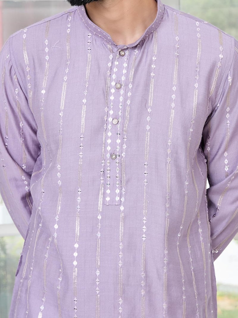 See Designs Men's Full Sleeve Mandarin Collar Lavender Sequins Embroidered Straight Long Kurta - Festive Collection | - SDKT2909L - Image 2