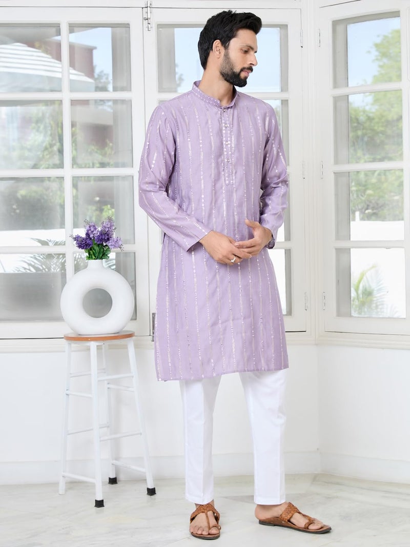 See Designs Men's Full Sleeve Mandarin Collar Lavender Sequins Embroidered Straight Long Kurta - Festive Collection | - SDKT2909L - Image 3
