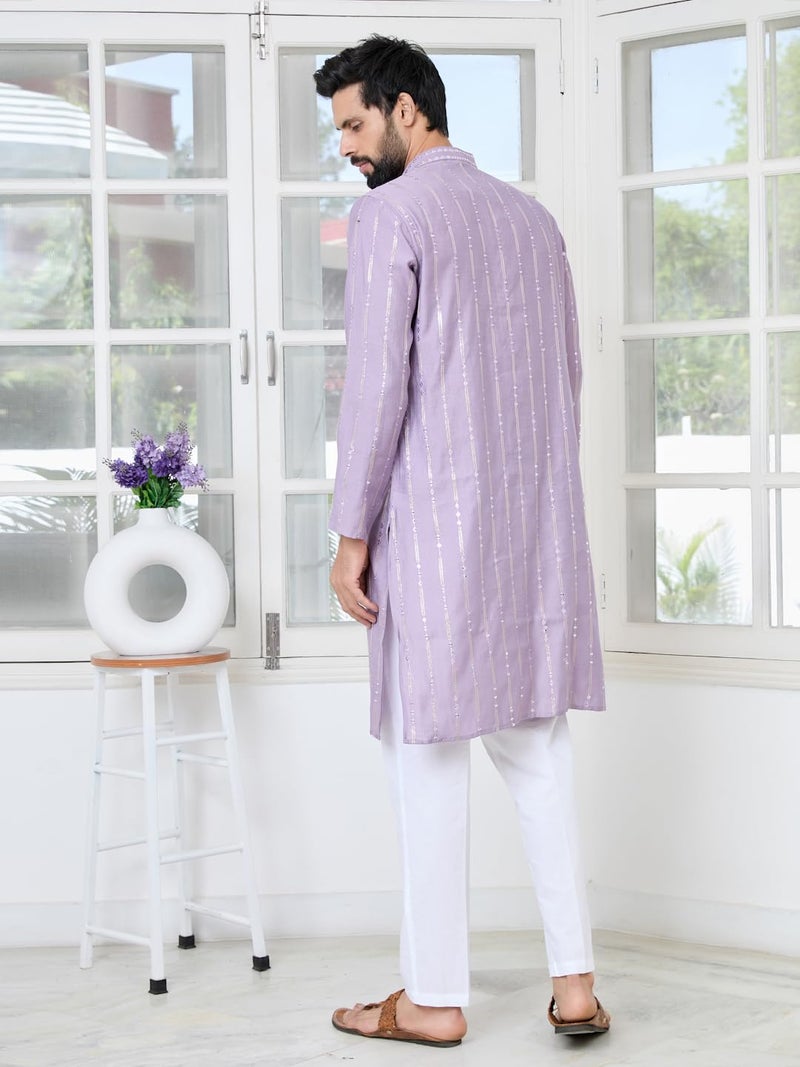 See Designs Men's Full Sleeve Mandarin Collar Lavender Sequins Embroidered Straight Long Kurta - Festive Collection | - SDKT2909L - Image 4
