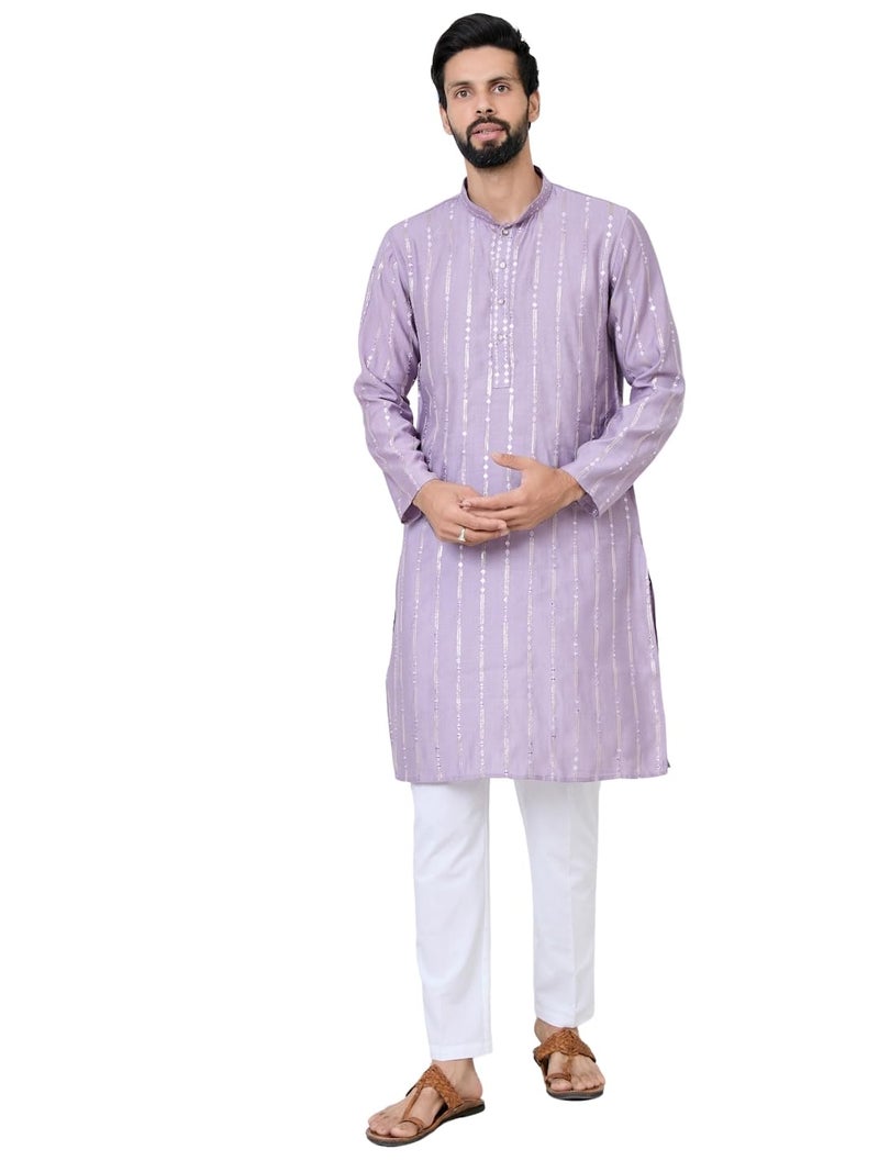 See Designs Men's Full Sleeve Mandarin Collar Lavender Sequins Embroidered Straight Long Kurta - Festive Collection | - SDKT2909L - Image 1