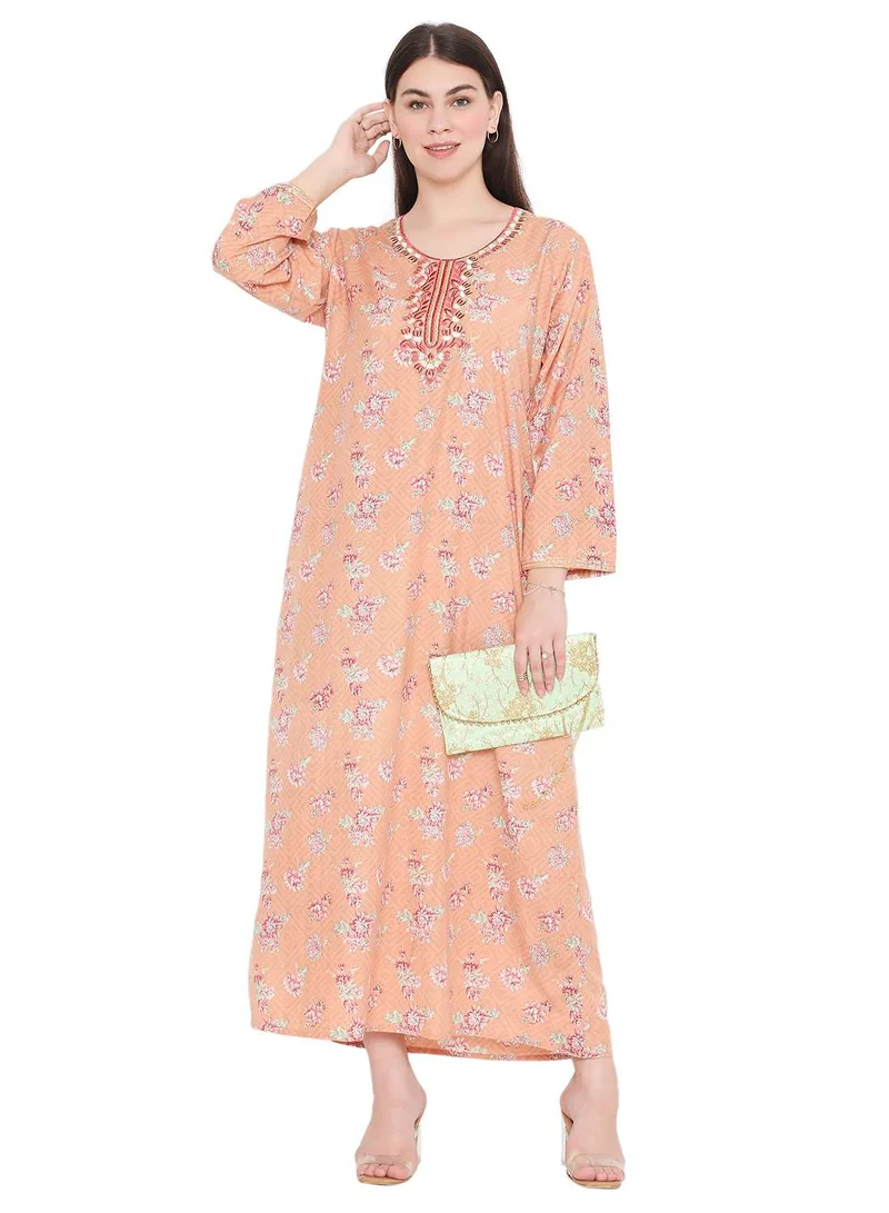 HANA & SARA UNIQUE NECK THREAD EMBROIDERY LONG FULL SLEEVES PRINTED ARABIC KAFTAN JALABIYA DRESS