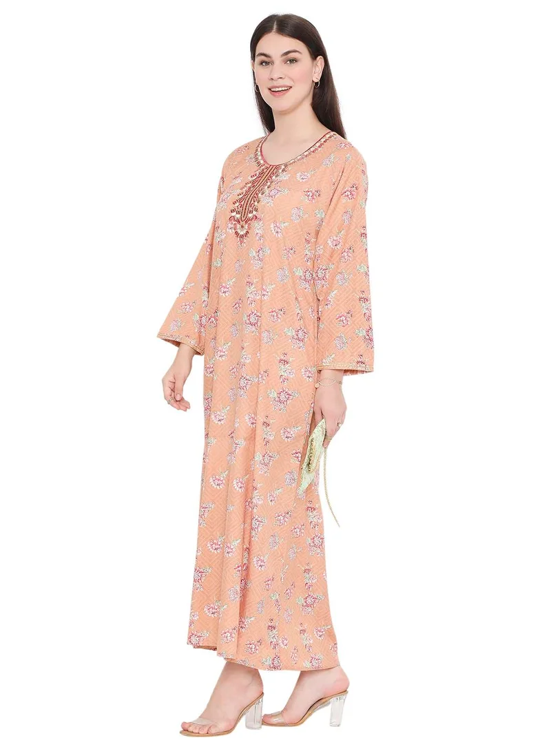 HANA & SARA UNIQUE NECK THREAD EMBROIDERY LONG FULL SLEEVES PRINTED ARABIC KAFTAN JALABIYA DRESS