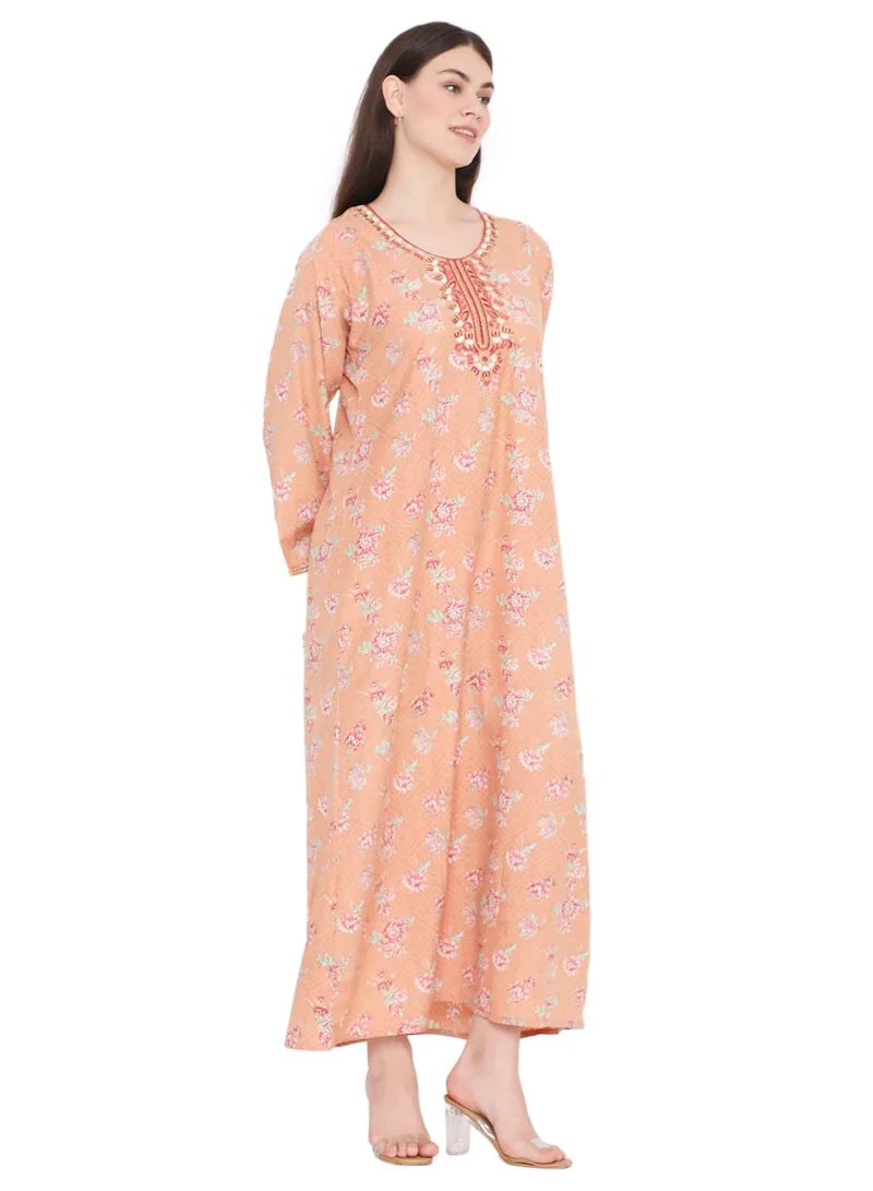 HANA & SARA UNIQUE NECK THREAD EMBROIDERY LONG FULL SLEEVES PRINTED ARABIC KAFTAN JALABIYA DRESS