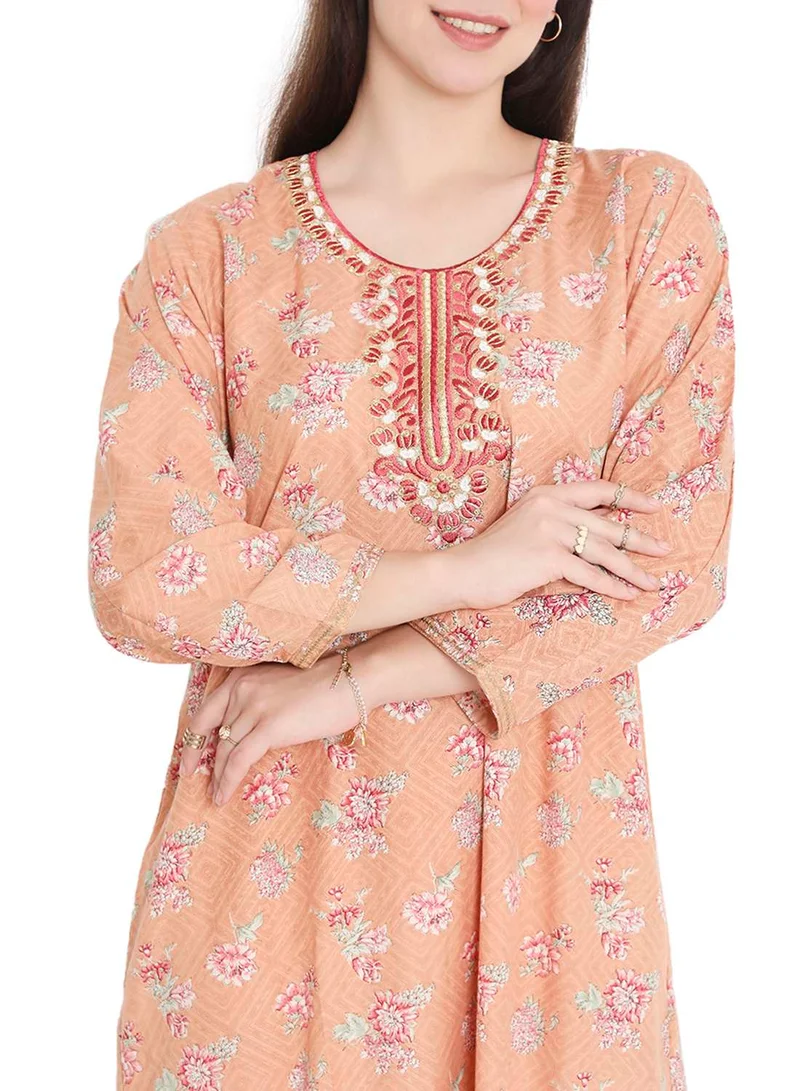 HANA & SARA UNIQUE NECK THREAD EMBROIDERY LONG FULL SLEEVES PRINTED ARABIC KAFTAN JALABIYA DRESS