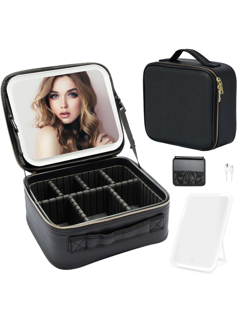 حقيبة مكياج للسفر مزودة بمرآة وإضاءة LED، حقيبة مكياج للسفر، حقيبة مستحضرات تجميل 25×25 سم، منظم مع فواصل قابلة للتعديل، حقيبة مكياج مزودة بمرآة، حقيبة مستحضرات تجميل بثلاثة مستويات سطوع قابلة للتعديل - Image 1