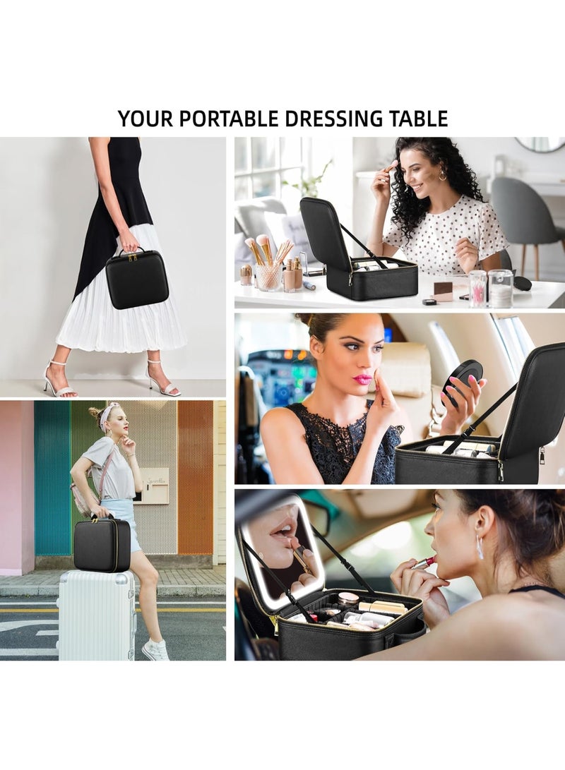 حقيبة مكياج للسفر مزودة بمرآة وإضاءة LED، حقيبة مكياج للسفر، حقيبة مستحضرات تجميل 25×25 سم، منظم مع فواصل قابلة للتعديل، حقيبة مكياج مزودة بمرآة، حقيبة مستحضرات تجميل بثلاثة مستويات سطوع قابلة للتعديل - Image 3