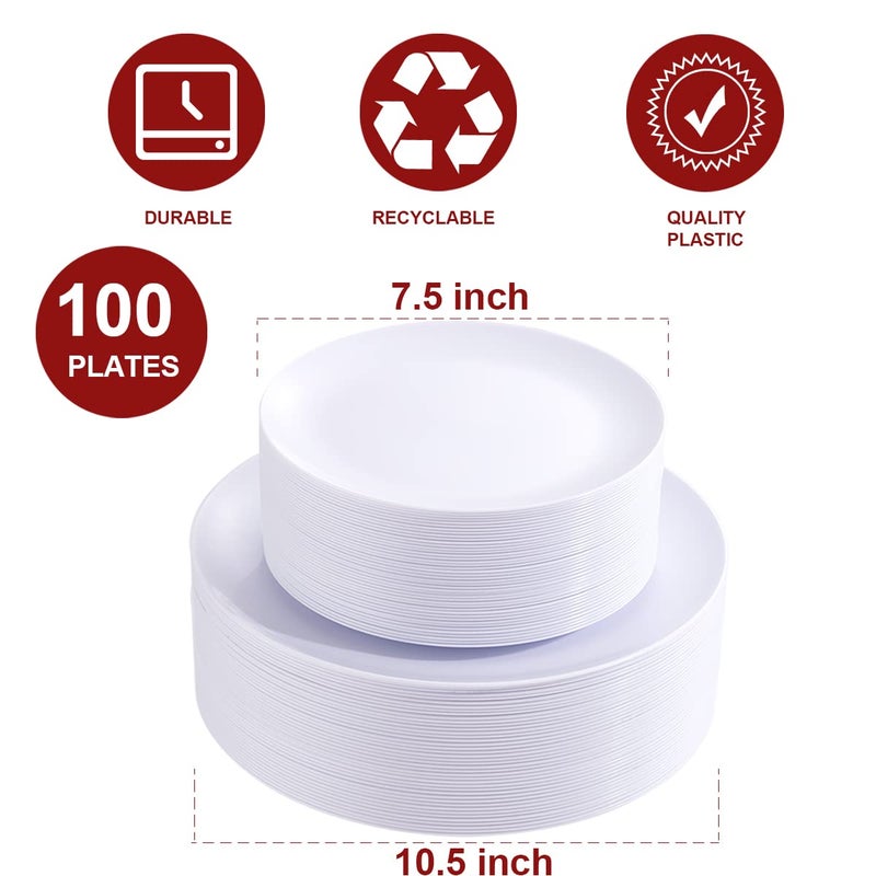 PULOTE 100PCS White Plastic Plates Disposable - Heavyweight 50 White Dinner & 50 Dessert/Salad Plates for Wedding & Party - Image 2