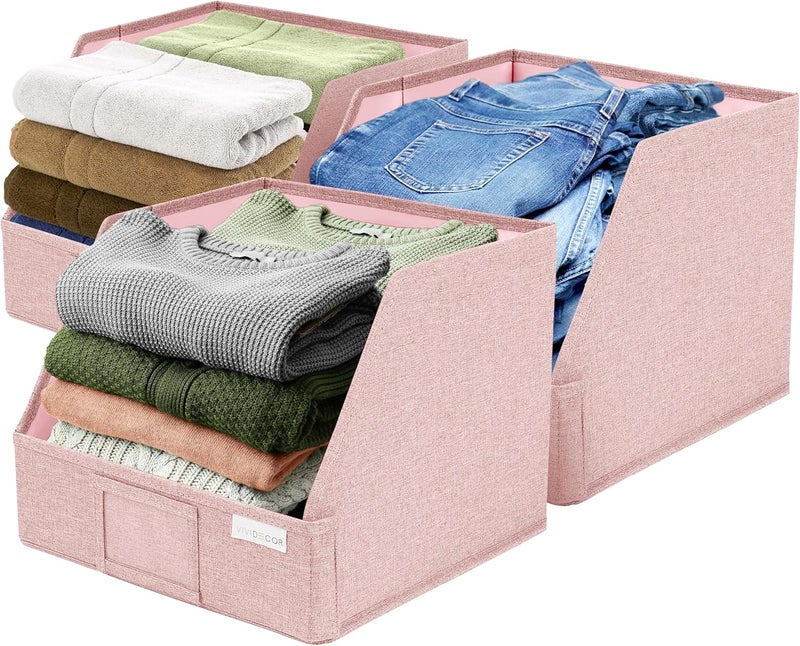 VIVIDECOR Closet Bins for Organization – 12x12x10 Foldable Boxes for Clothes, Fabric Trapezoid Storage Bins, Storage Baskets, Decorative Storage Baskets, Sweaters, Baby Clothes, Nursery– Pink, 3 Pack - Image 1