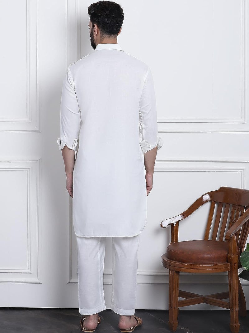 Royal Kurta Men's Cotton Linen Pathani Kurta and Salwar Set (40, White) - Image 4