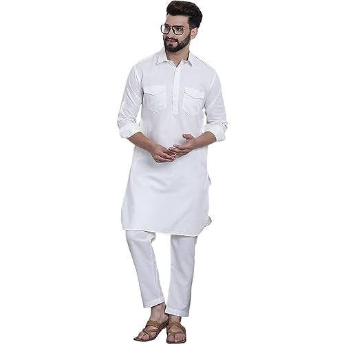 Royal Kurta Men's Cotton Linen Pathani Kurta and Salwar Set (40, White) - Image 1