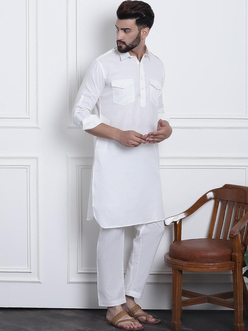 Royal Kurta Men's Cotton Linen Pathani Kurta and Salwar Set (40, White) - Image 3