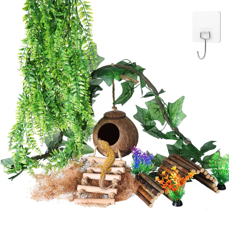 HERCOCCI Crested Gecko Tank Accessories, Reptile Hanging Plants Vines with Coconut Shell Ladder Hideout Hermit Crab Decor for Lizard, Chameleon Cage, Snakes, Hermit Crab, Leopard Gecko - Image 1