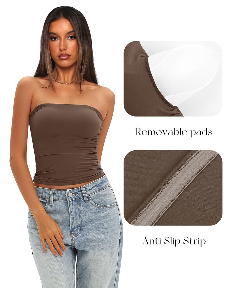 Darong Womens Tube Tops Summer Outfits 2025 Casual Beach Vacation Clothes Strapless Sleeveless Tank Tops 9205 Coffee S - Image 3