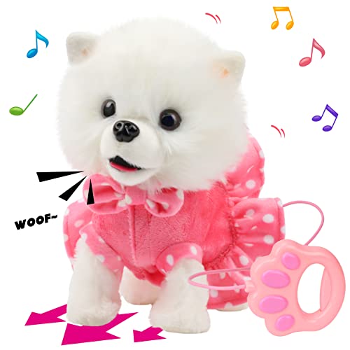 Hopearl Walking Pomeranian Interactive Electronic Pet Dog Toy Remote Control Leash Animated Puppy Nodding Barking Wagging Tail Gifts for Toddlers Birthday White 10 - Image 1
