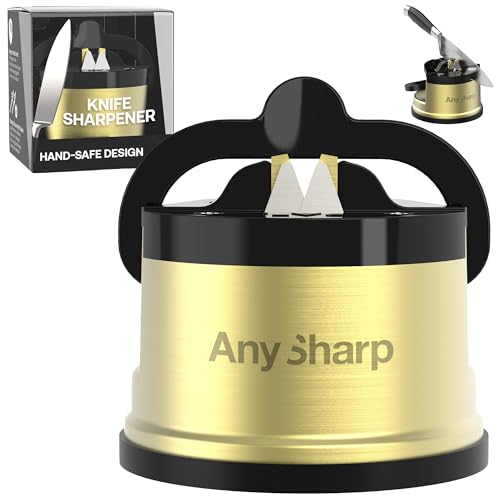 AnySharp – Chef – Hands Free Knife Sharpener - Easy to Use Sharpening Tool with PowerGrip Suction Base and 20-Degree Pre-Set Angle - for All Knives: Chef's, Serrated, and Hardened Steel - Brass - Image 1