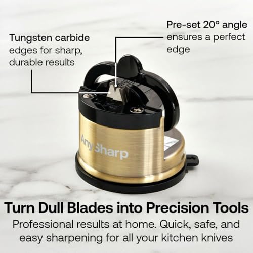 AnySharp – Chef – Hands Free Knife Sharpener - Easy to Use Sharpening Tool with PowerGrip Suction Base and 20-Degree Pre-Set Angle - for All Knives: Chef's, Serrated, and Hardened Steel - Brass - Image 2